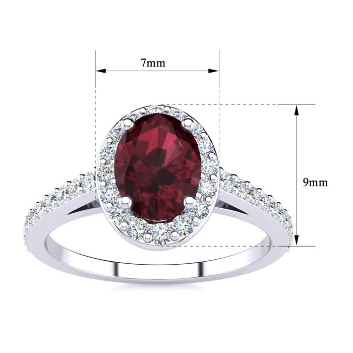 Garnet Ring: 1 Carat Oval Shape Garnet and Halo Diamond Ring In Sterling Silver
