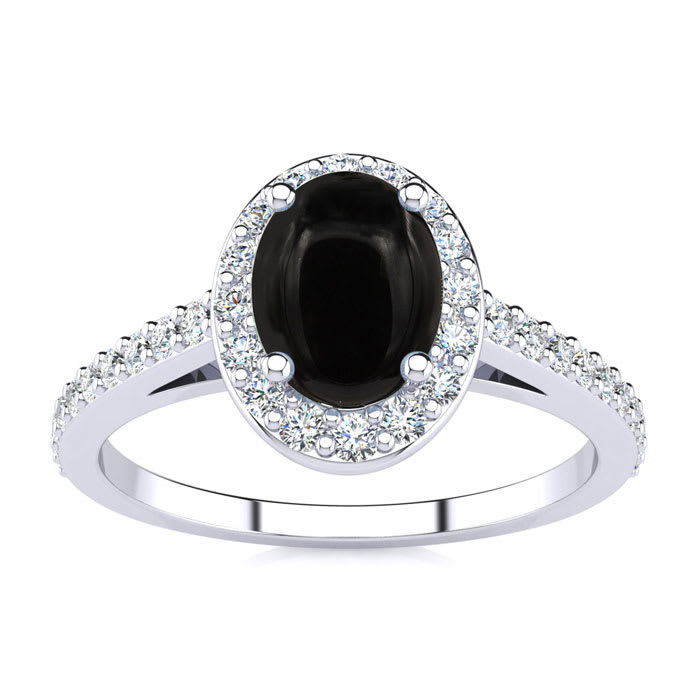 Black Onyx Ring: 1 Carat Oval Shape Black Onyx and Halo Diamond Ring In Sterling Silver