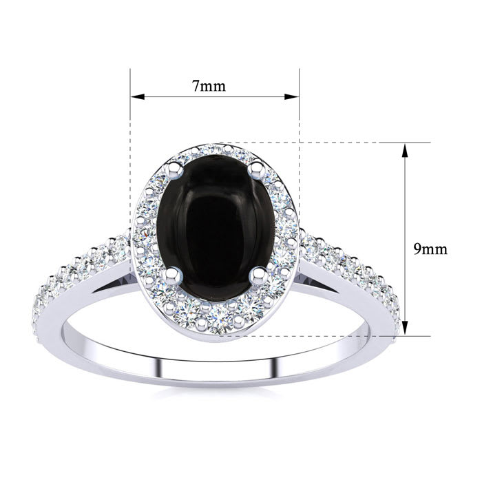 Black Onyx Ring: 1 Carat Oval Shape Black Onyx and Halo Diamond Ring In Sterling Silver