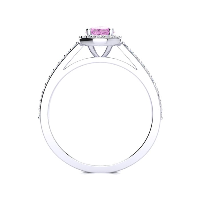 Pink Sapphire Ring: 1 Carat Oval Shape Created Pink Sapphire and Halo Diamond Ring In Sterling Silver