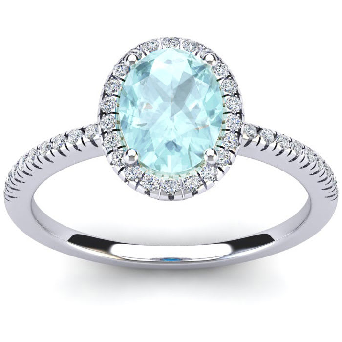 Aquamarine Ring: 1 1/2 Carat Oval Shape Aquamarine and Halo Diamond Ring In Sterling Silver
