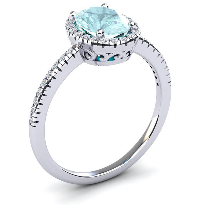 Aquamarine Ring: 1 1/2 Carat Oval Shape Aquamarine and Halo Diamond Ring In Sterling Silver