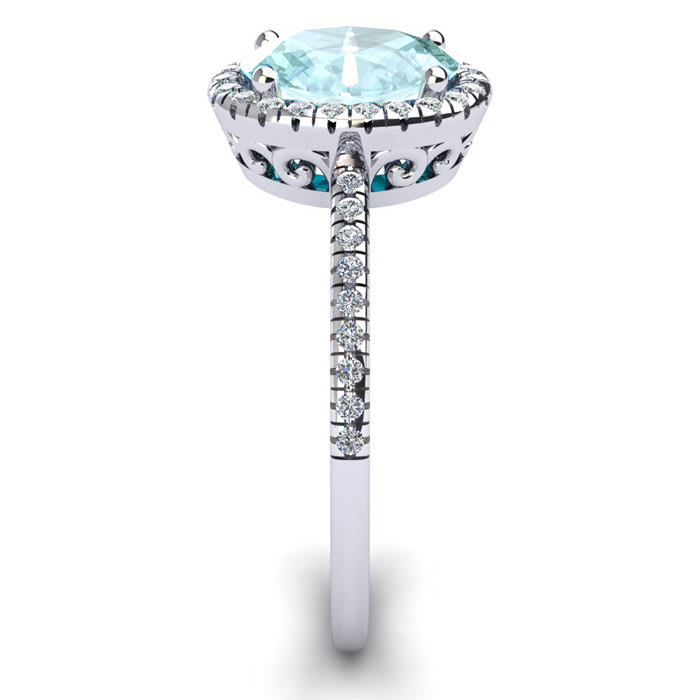 Aquamarine Ring: 1 1/2 Carat Oval Shape Aquamarine and Halo Diamond Ring In Sterling Silver