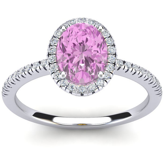 Pink Sapphire Ring: 1 1/2 Carat Oval Shape Created Pink Sapphire and Halo Diamond Ring In Sterling Silver