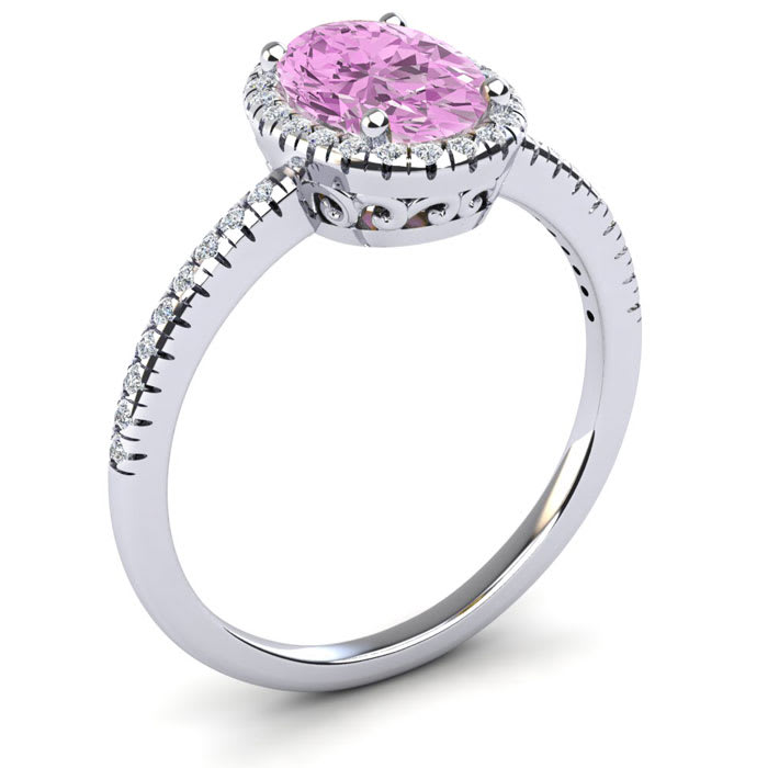 Pink Sapphire Ring: 1 1/2 Carat Oval Shape Created Pink Sapphire and Halo Diamond Ring In Sterling Silver
