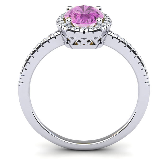 Pink Sapphire Ring: 1 1/2 Carat Oval Shape Created Pink Sapphire and Halo Diamond Ring In Sterling Silver