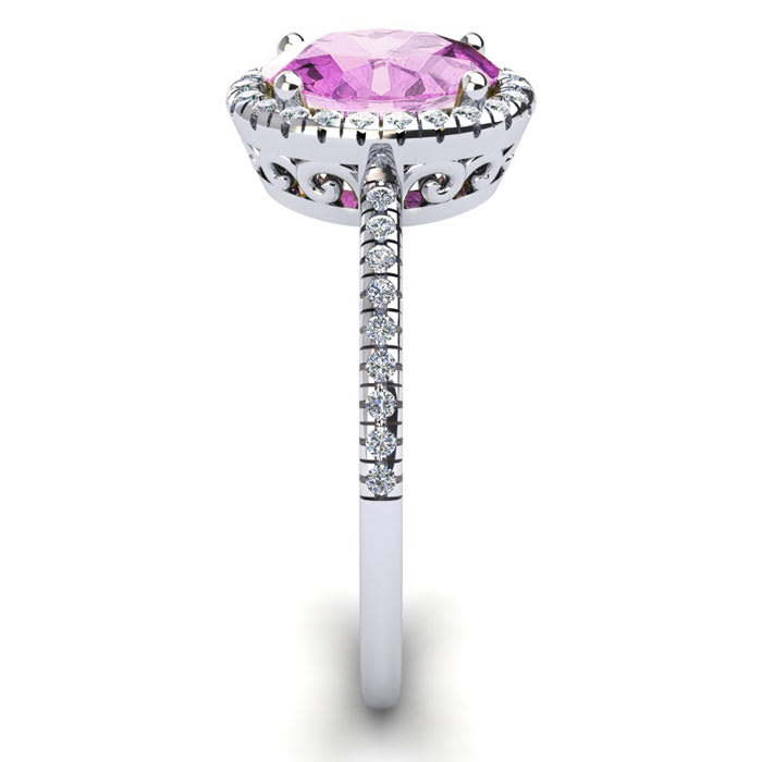 Pink Sapphire Ring: 1 1/2 Carat Oval Shape Created Pink Sapphire and Halo Diamond Ring In Sterling Silver
