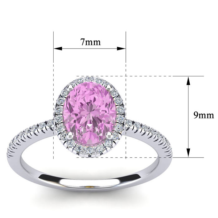 Pink Sapphire Ring: 1 1/2 Carat Oval Shape Created Pink Sapphire and Halo Diamond Ring In Sterling Silver