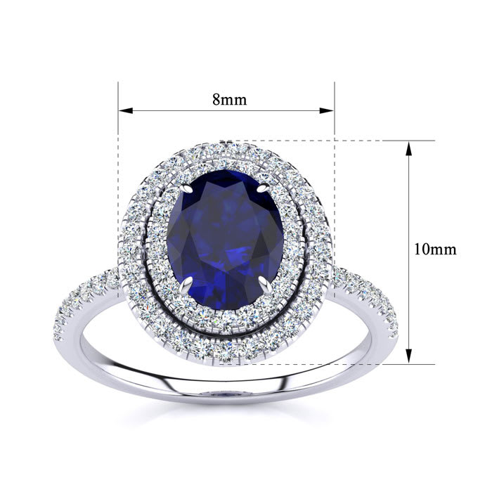 Sapphire Ring: 1 1/2 Carat Oval Shape Created Sapphire and Double Halo Diamond Ring In Sterling Silver