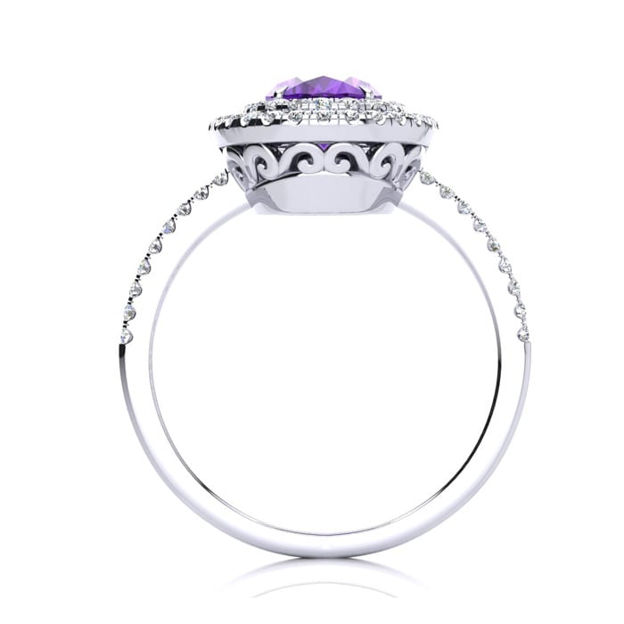 Amethyst Ring: 1 1/2 Carat Oval Shape Amethyst and Double Halo Diamond Ring In Sterling Silver