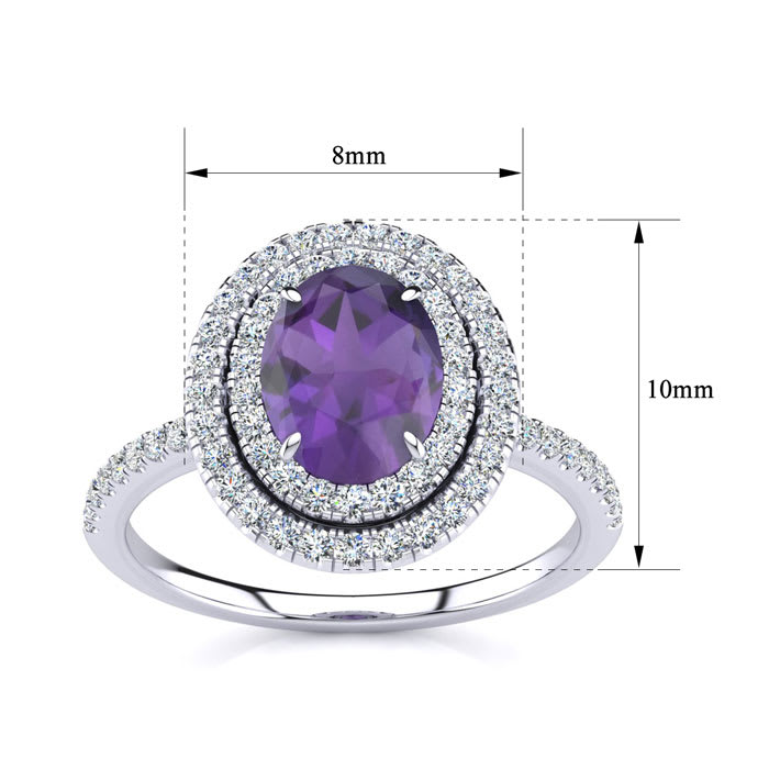 Amethyst Ring: 1 1/2 Carat Oval Shape Amethyst and Double Halo Diamond Ring In Sterling Silver
