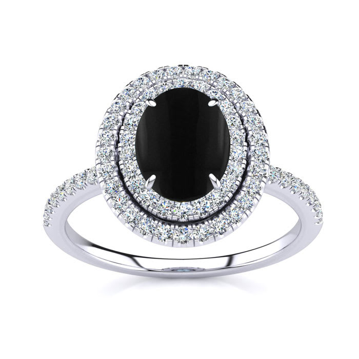 Black Onyx Ring: 1 1/2 Carat Oval Shape Black Onyx and Double Halo Diamond Ring In Sterling Silver
