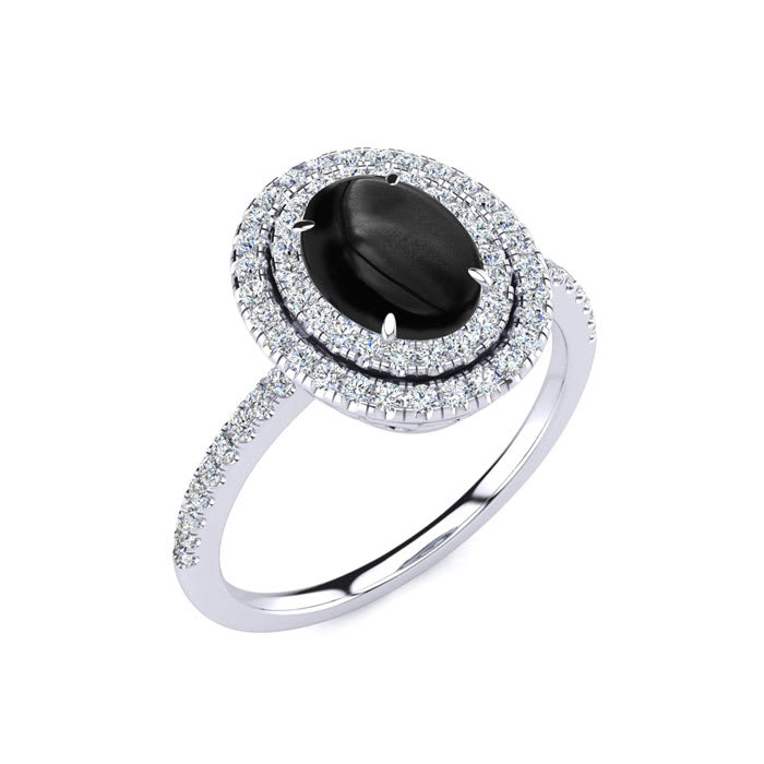 Black Onyx Ring: 1 1/2 Carat Oval Shape Black Onyx and Double Halo Diamond Ring In Sterling Silver