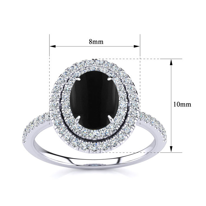 Black Onyx Ring: 1 1/2 Carat Oval Shape Black Onyx and Double Halo Diamond Ring In Sterling Silver