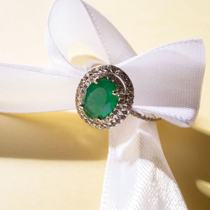Emerald Ring: 1 1/2 Carat Oval Shape Created Emerald and Double Halo Diamond Ring In Sterling Silver