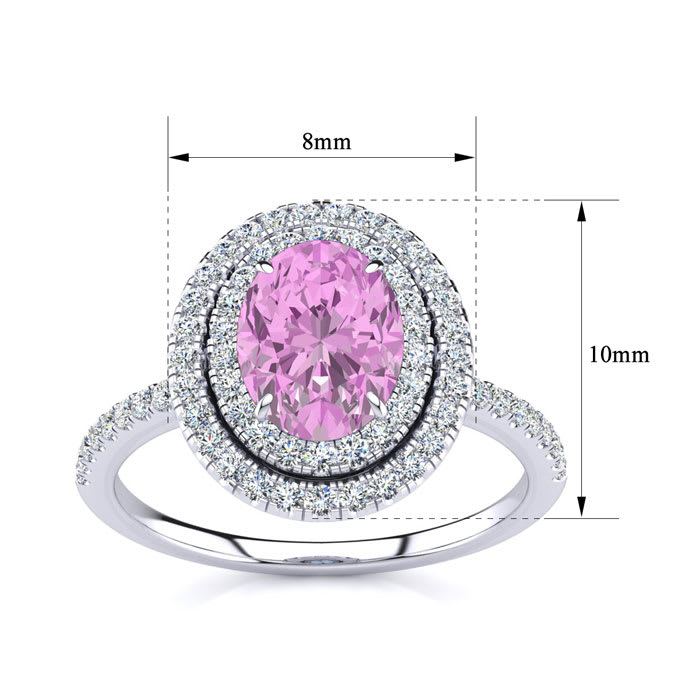 Pink Sapphire Ring: 1 1/2 Carat Oval Shape Created Pink Sapphire and Double Halo Diamond Ring In Sterling Silver