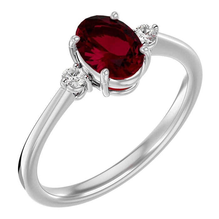 Ruby Ring: 1 1/3 Carat Oval Shape Created Ruby and Two Diamond Ring In Sterling Silver