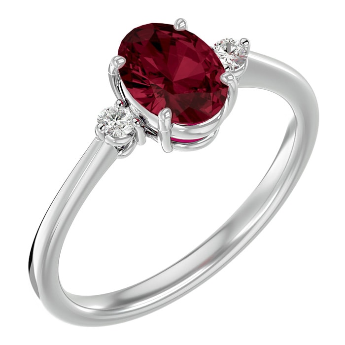 Garnet Ring: 1 1/3 Carat Oval Shape Garnet and Two Diamond Ring In Sterling Silver