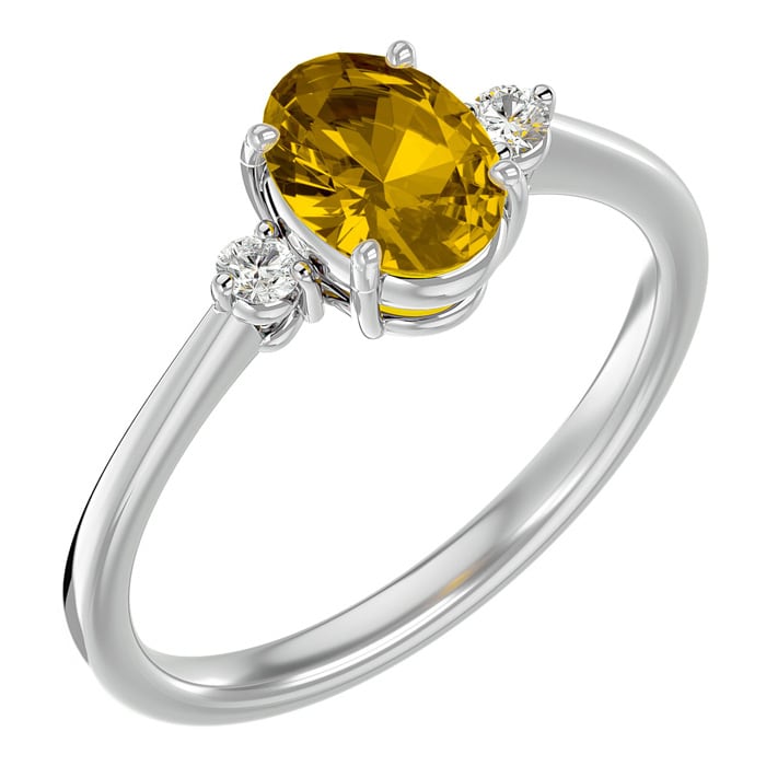 Citrine Ring: 1 1/3 Carat Oval Shape Citrine and Two Diamond Ring In Sterling Silver