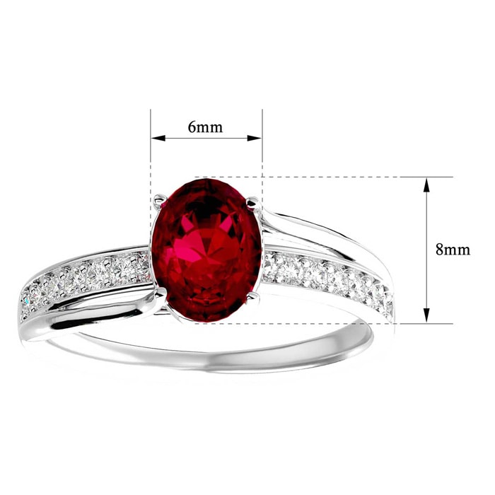 Ruby Ring: 1 1/2 Carat Oval Shape Created Ruby and Diamond Ring In Sterling Silver