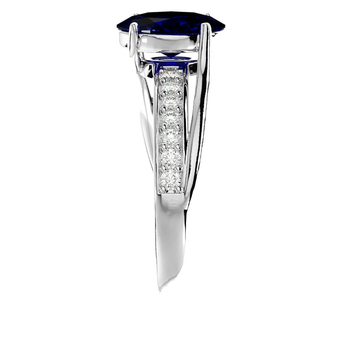 Sapphire Ring: 1 1/2 Carat Oval Shape Created Sapphire and Diamond Ring In Sterling Silver