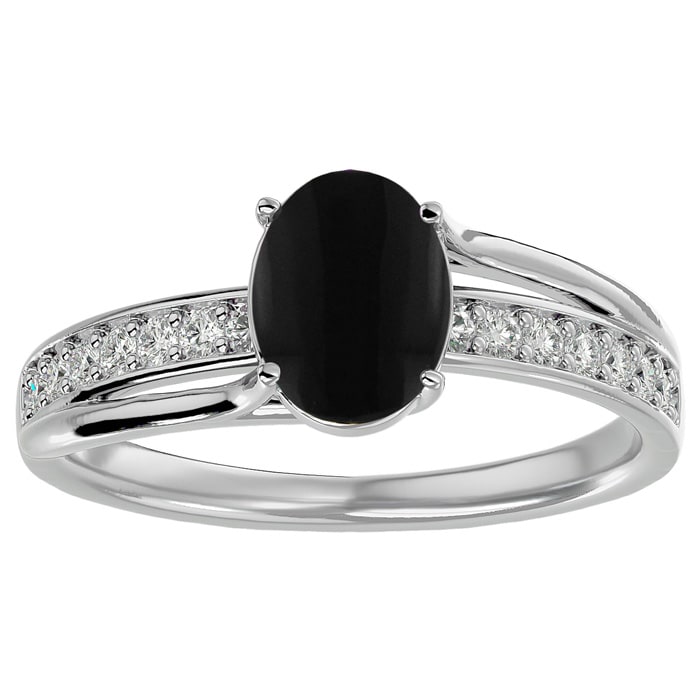 Black Onyx Ring: 1 1/2 Carat Oval Shape Black Onyx and Diamond Ring In Sterling Silver