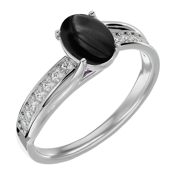 Black Onyx Ring: 1 1/2 Carat Oval Shape Black Onyx and Diamond Ring In Sterling Silver