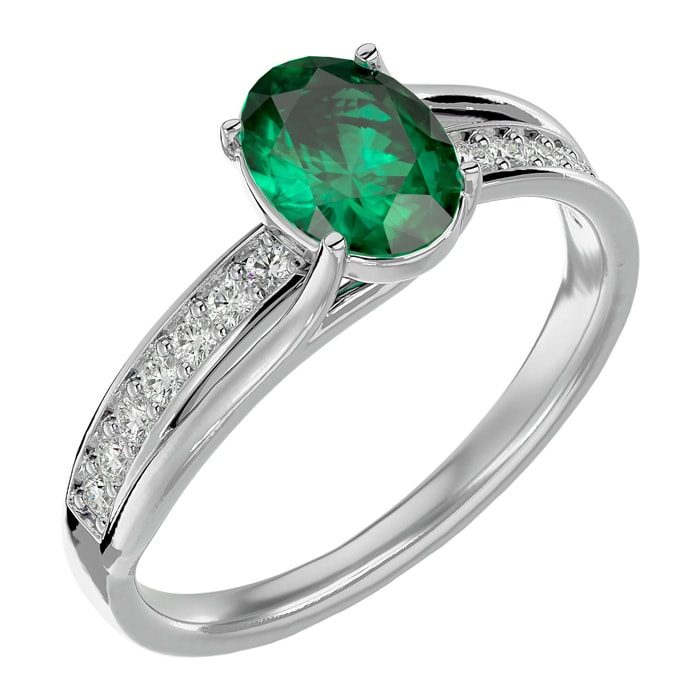 Emerald Ring: 1 1/2 Carat Oval Shape Created Emerald and Diamond Ring In Sterling Silver