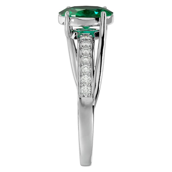 Emerald Ring: 1 1/2 Carat Oval Shape Created Emerald and Diamond Ring In Sterling Silver