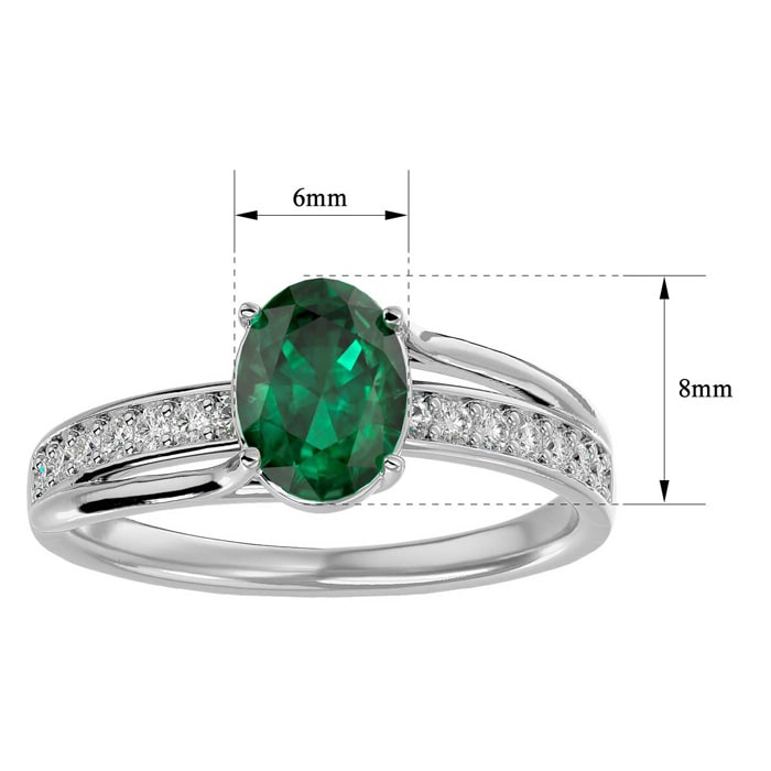 Emerald Ring: 1 1/2 Carat Oval Shape Created Emerald and Diamond Ring In Sterling Silver