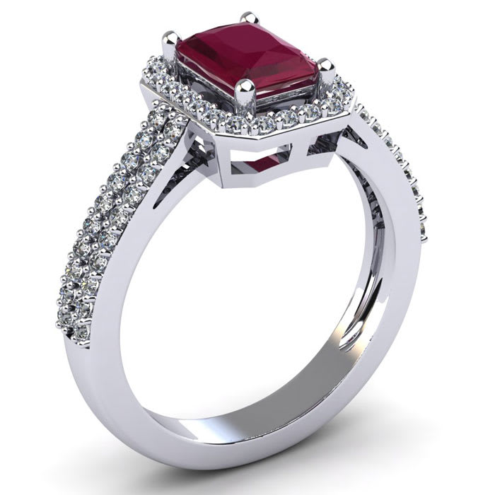 Ruby Ring: 1 1/2 Carat Octagon Shape Created Ruby and Halo Diamond Ring In Sterling Silver