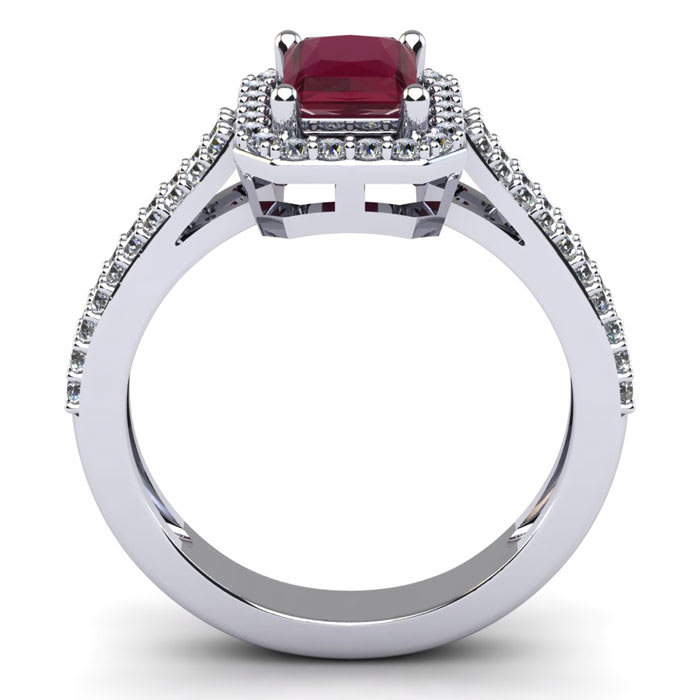 Ruby Ring: 1 1/2 Carat Octagon Shape Created Ruby and Halo Diamond Ring In Sterling Silver