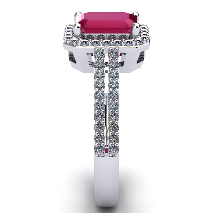 Ruby Ring: 1 1/2 Carat Octagon Shape Created Ruby and Halo Diamond Ring In Sterling Silver