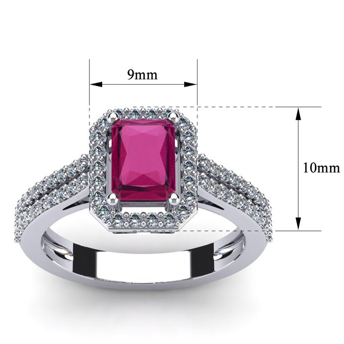 Ruby Ring: 1 1/2 Carat Octagon Shape Created Ruby and Halo Diamond Ring In Sterling Silver