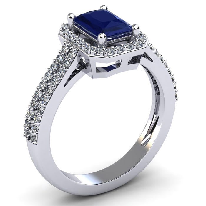 Sapphire Ring: 1 1/2 Carat Octagon Shape Created Sapphire and Halo Diamond Ring In Sterling Silver
