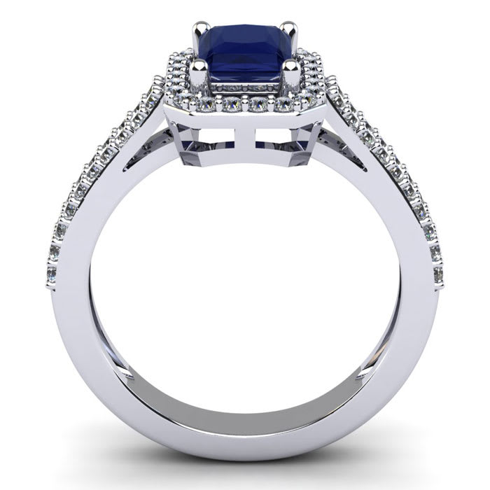 Sapphire Ring: 1 1/2 Carat Octagon Shape Created Sapphire and Halo Diamond Ring In Sterling Silver