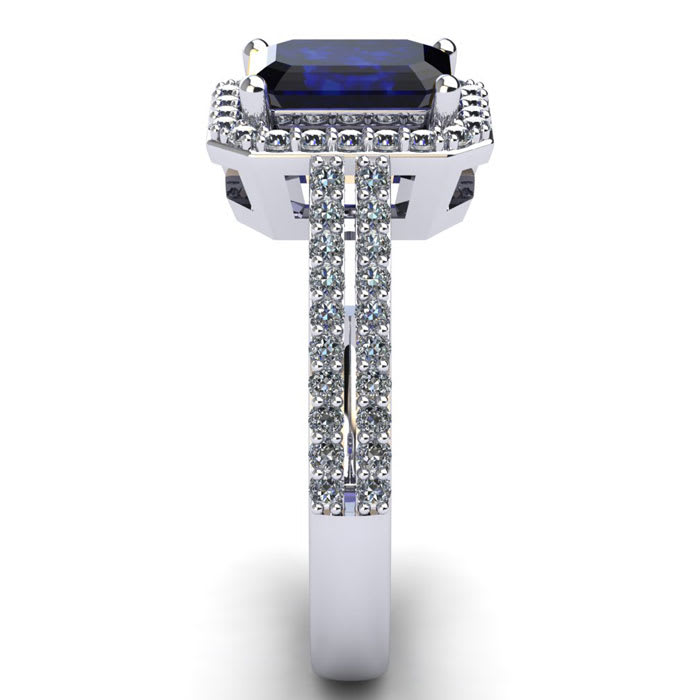 Sapphire Ring: 1 1/2 Carat Octagon Shape Created Sapphire and Halo Diamond Ring In Sterling Silver