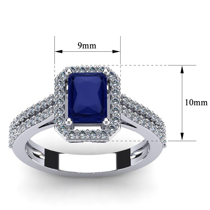 Sapphire Ring: 1 1/2 Carat Octagon Shape Created Sapphire and Halo Diamond Ring In Sterling Silver