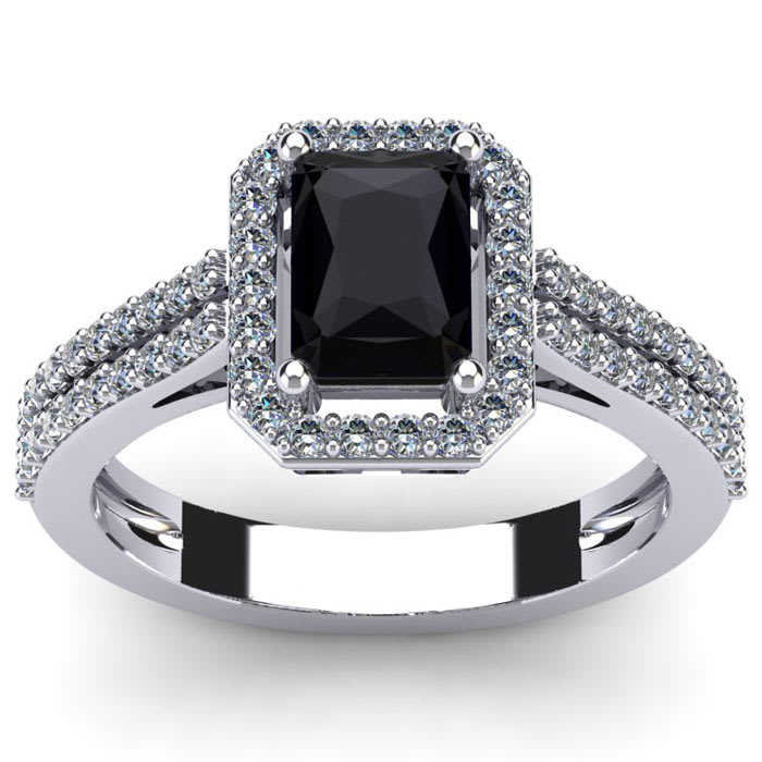 Black Onyx Ring: 1 1/2 Carat Octagon Shape Black Onyx and Halo Diamond Ring In Sterling Silver
