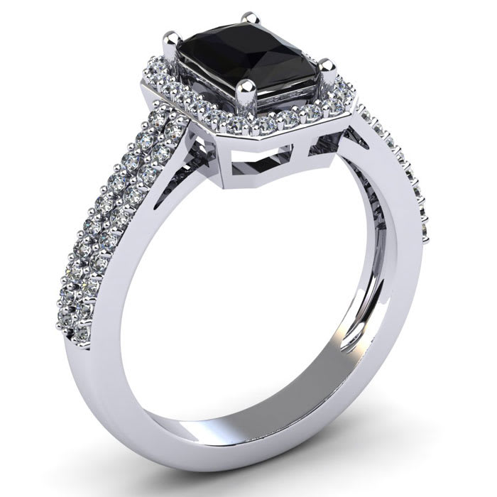 Black Onyx Ring: 1 1/2 Carat Octagon Shape Black Onyx and Halo Diamond Ring In Sterling Silver