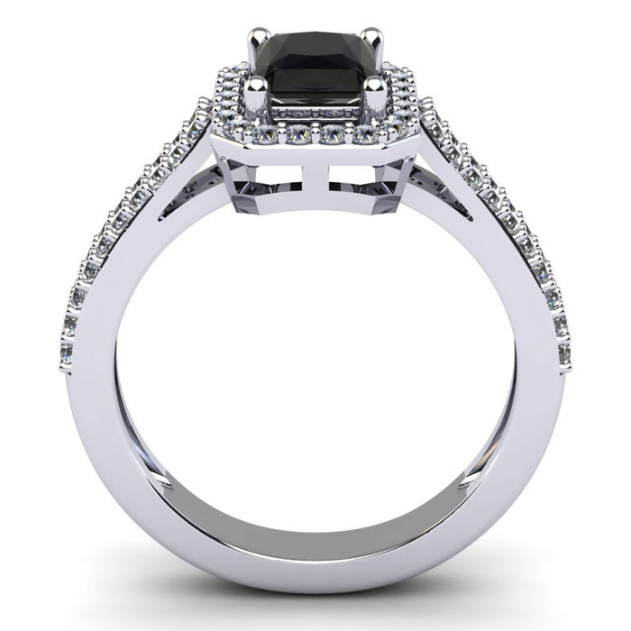 Black Onyx Ring: 1 1/2 Carat Octagon Shape Black Onyx and Halo Diamond Ring In Sterling Silver