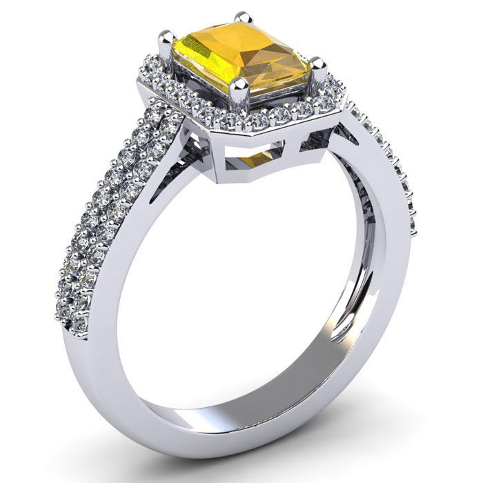Citrine Ring: 1 1/2 Carat Octagon Shape Citrine and Halo Diamond Ring In Sterling Silver