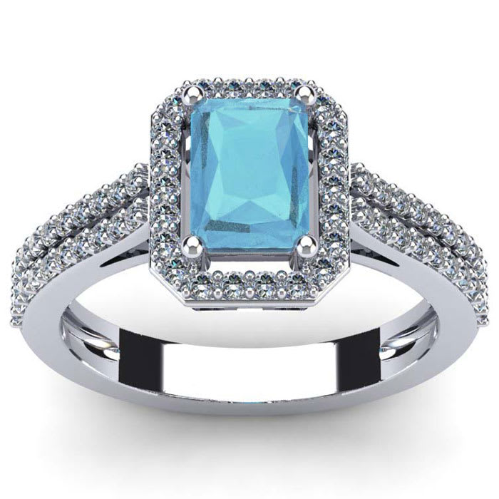 Aquamarine Ring: 1 1/2 Carat Octagon Shape Aquamarine and Halo Diamond Ring In Sterling Silver