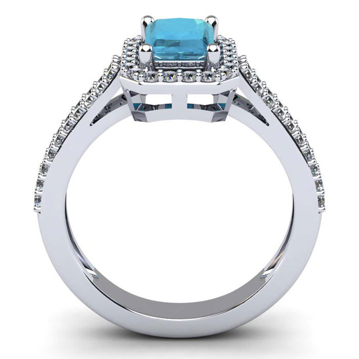 Aquamarine Ring: 1 1/2 Carat Octagon Shape Aquamarine and Halo Diamond Ring In Sterling Silver