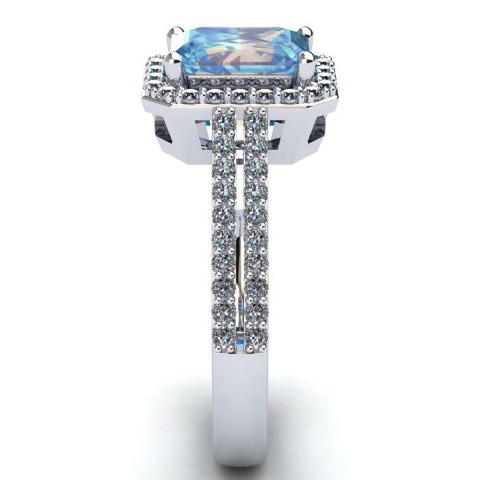 Aquamarine Ring: 1 1/2 Carat Octagon Shape Aquamarine and Halo Diamond Ring In Sterling Silver