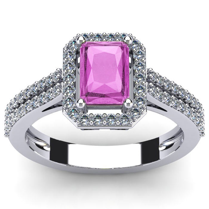Pink Sapphire Ring: 1 1/2 Carat Octagon Shape Created Pink Sapphire and Halo Diamond Ring In Sterling Silver