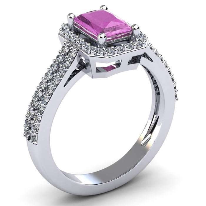 Pink Sapphire Ring: 1 1/2 Carat Octagon Shape Created Pink Sapphire and Halo Diamond Ring In Sterling Silver