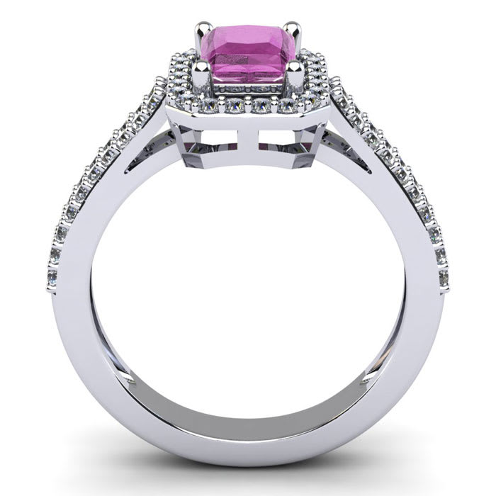 Pink Sapphire Ring: 1 1/2 Carat Octagon Shape Created Pink Sapphire and Halo Diamond Ring In Sterling Silver