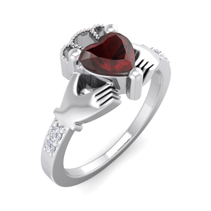 Garnet Ring: 1 Carat Heart Shape Garnet and Diamond Claddagh Ring In Sterling Silver
