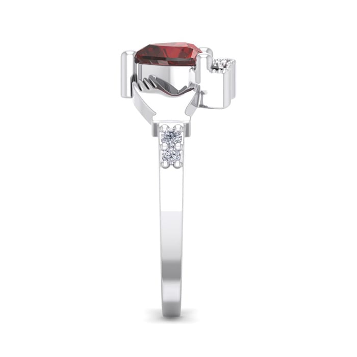 Garnet Ring: 1 Carat Heart Shape Garnet and Diamond Claddagh Ring In Sterling Silver